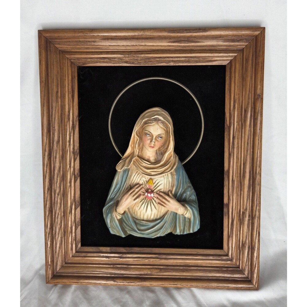 Vintage Immaculate Heart of Mary Plaque Figurine Religious Virgin 3D Bust Framed